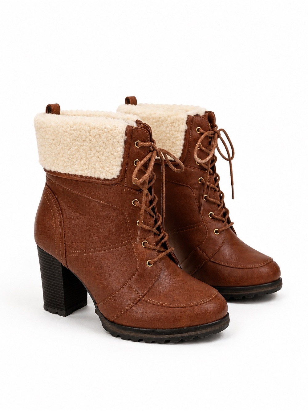 Women’s Brown Lace-Up Faux Shearling Ankle Boots